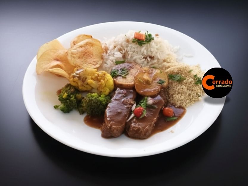 Peito Bovino ao Molho Madeira com Arroz, Batata Chips, Legumes e Farofa