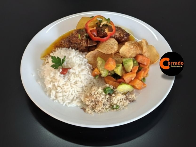 Carne ao Molho Peito ou M&uacute;sculo com Arroz, Legumes e Farofa