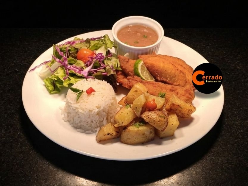 Frango Empanado com Arroz, Feij&atilde;o, Espaguete e Salada