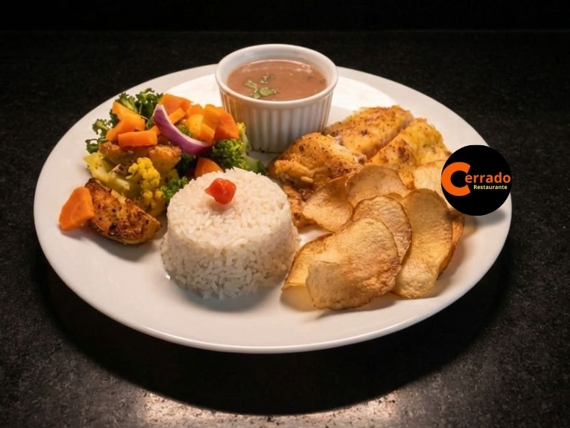 Tambaqui Assado sem Espinha - Feij&atilde;o Preto, Arroz e Batata Chips