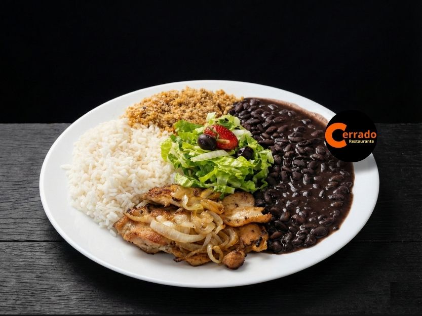 Pernil ao Molho Acebolado com Arroz, Feij&atilde;o, Farofa + Salada